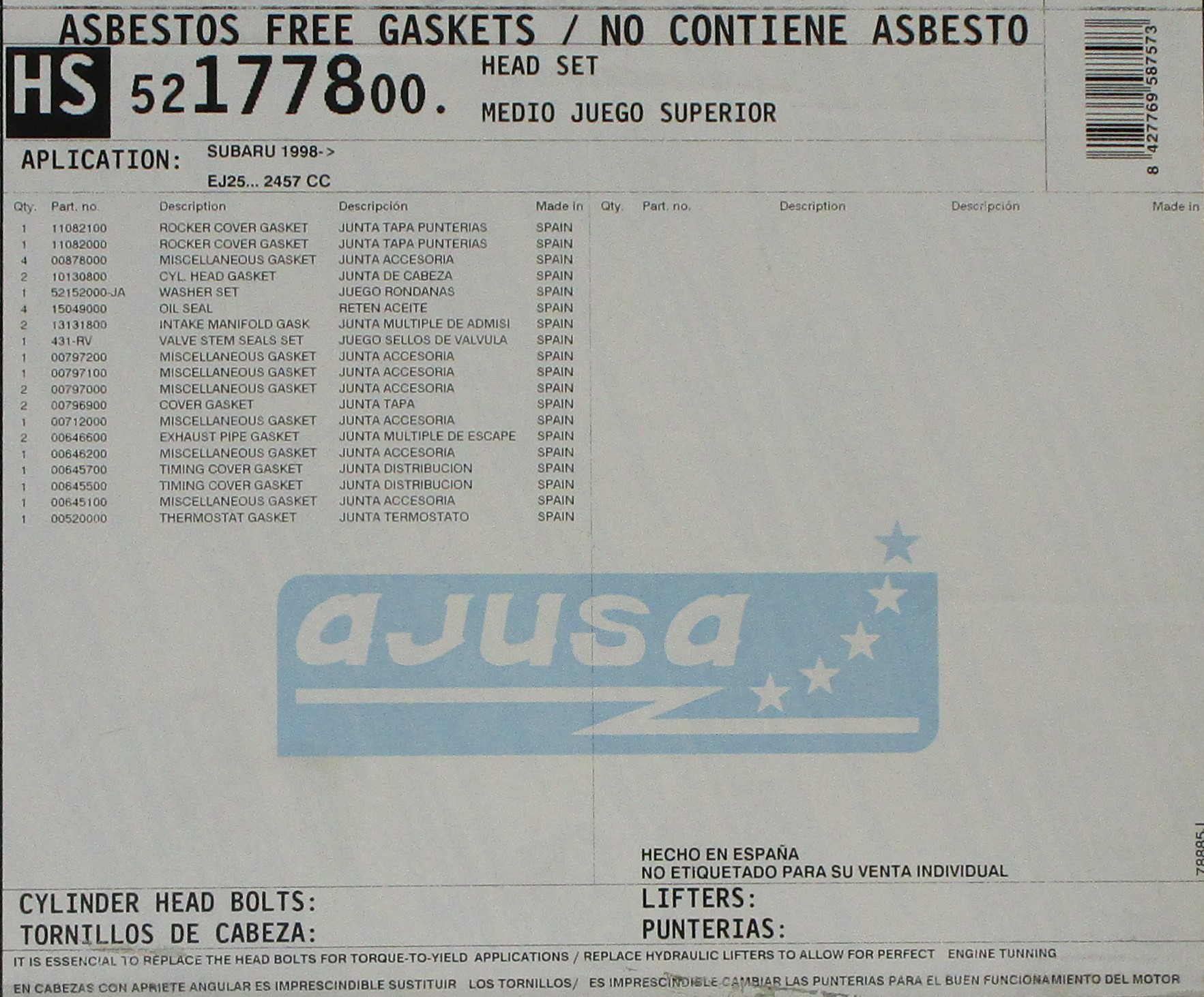 1998 Isuzu Forester, Impreza; For Twin Cams   2.5L