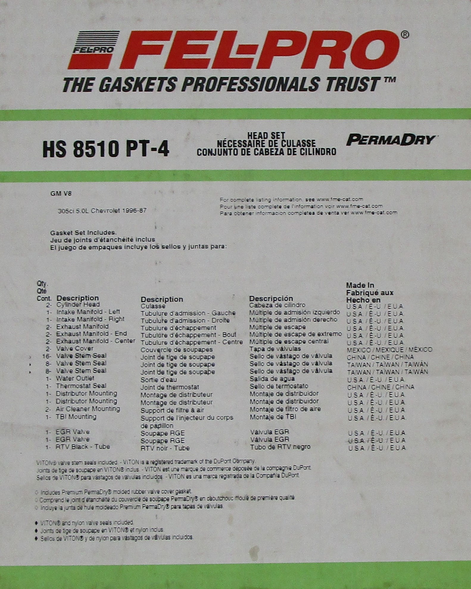 Engine Cyllinder Head Gasket Set Compatible With : 1191 Buick Commerial, 1987 Regal V8, 5.0L / 305 OHV 16 Valves, 1991-1992 Cadillac Brougham V8, 5.0L / 305 OHV 16 Valve, 1988-1992 Chevy Camaro, 1987-1993 Caprice V8 5.0L / 305 OHV 16 Valve