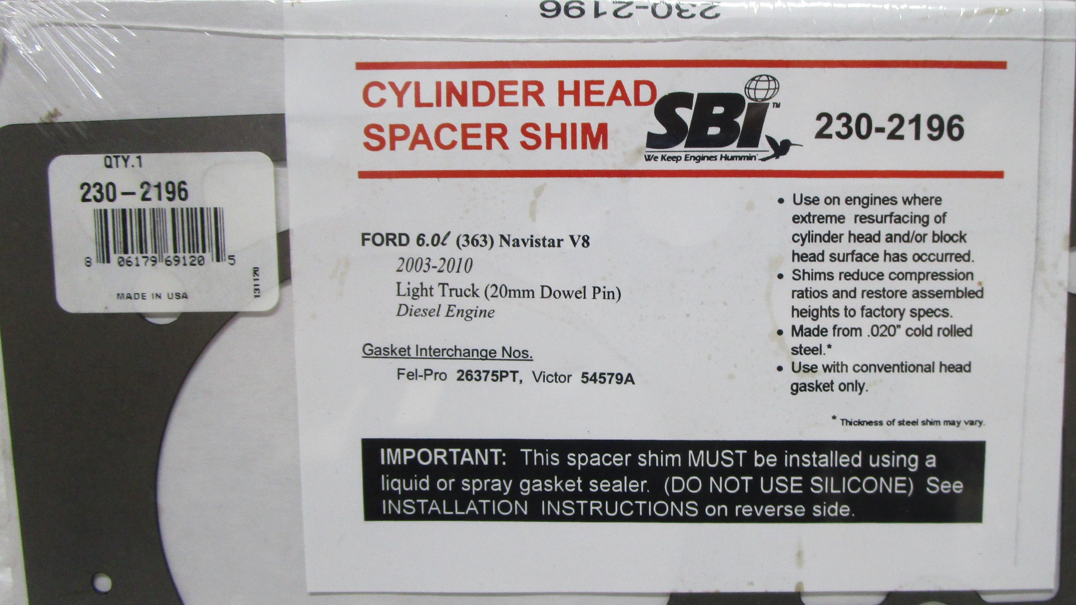 Cylinder Head Saver Shim Compatible With : 2004-2010 Ford E-350 / E-450  Super Duty V8, 6.0L / 365 CID OHV 32 Valve Power Stroke (20mm Dowel) Turbo , Vin : P